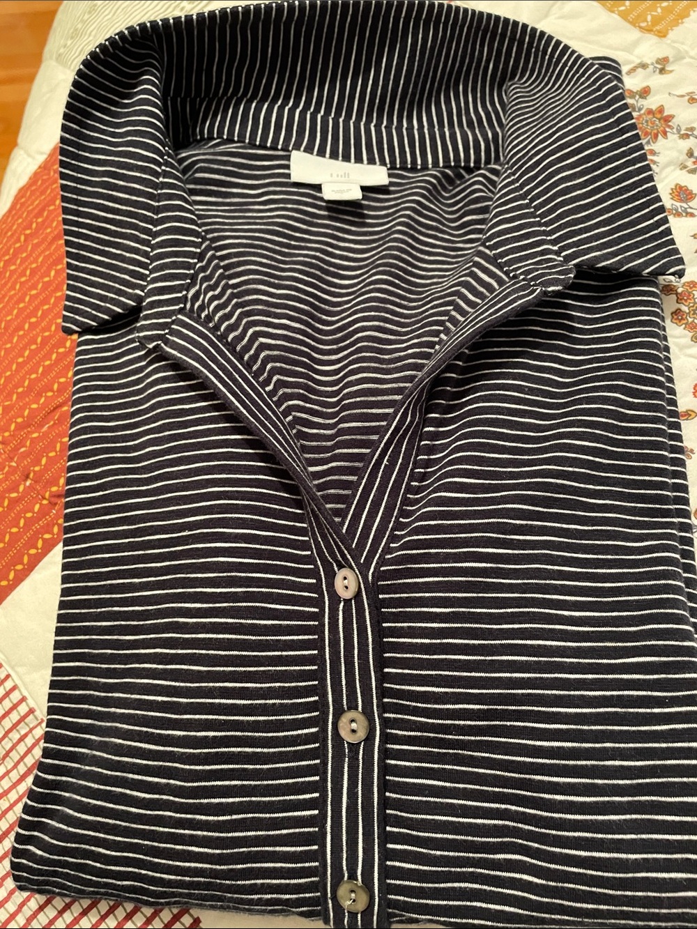 J.Jill navy blue and white stripe polo shirt with 3 MOP button close